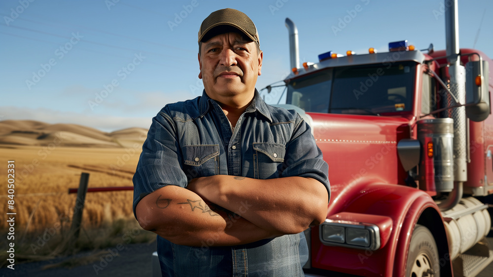 A proud farmer standing in front of a red truck, with golden fields stretching into the distance under a clear blue sky. A proud farmer standing in front of a red truck, with golden fields stretching into the distance under a clear blue sky.