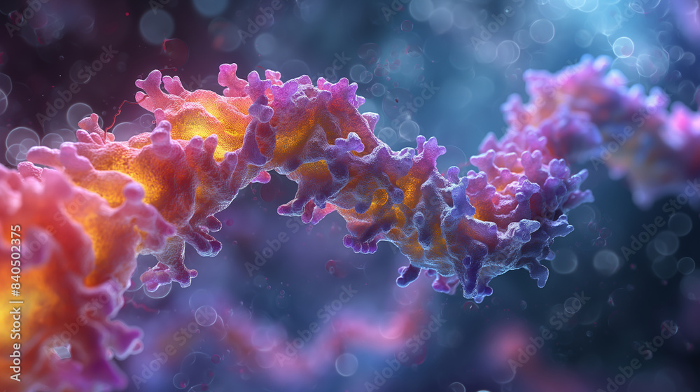 Fototapeta premium Abstract colorful chain, resembling a biological molecule, in a vibrant blue and purple background with bokeh effect.