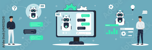  Customers having dialog with chatbot on smartphones. Characters chatting with robot, asking questions and receiving answers. AI chat bot chatting with man provide smart solution idea. Answer question