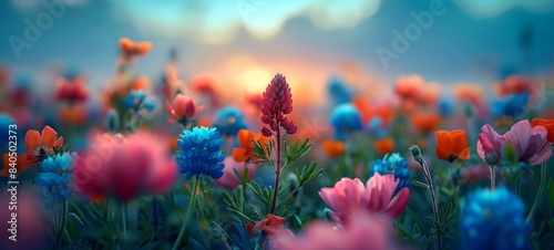 Beautiful Colorful Flower Field Sunset Photograph