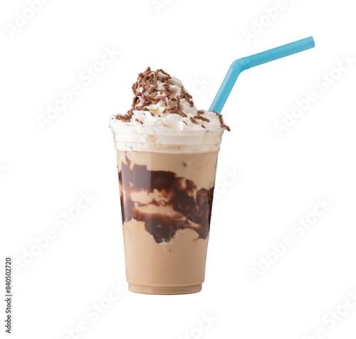 iced coffee with cold brew chocolate syrup with whipped cream chocolate sprinkles blue straw