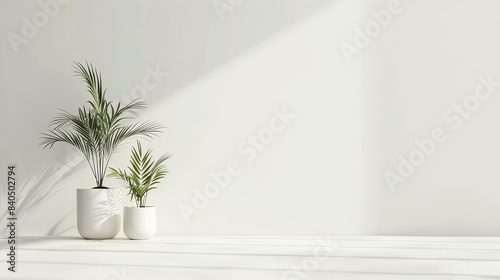 Two beautiful potted plants are placed on a white wooden floor against a white wall. © Farm