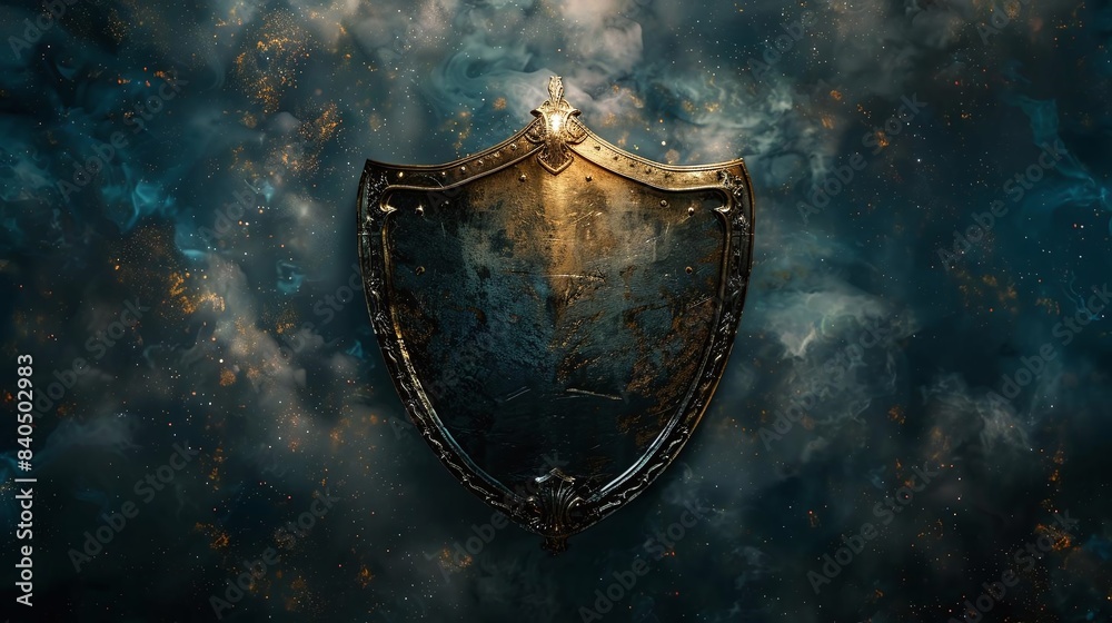 Fototapeta premium A realistic shield symbol with textures in the upperright third of the frame on a digital background