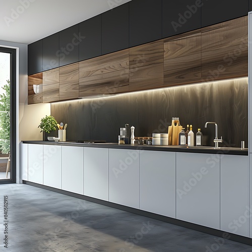 3d render of a modern contemporary minimalist kitchen with satin anthracite and white cabinets, wood backsplash and concrete floor - Image #1 @Hamza photo