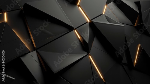 Abstract black background featuring geometric shapes with metallic highlights, adding a futuristic touch