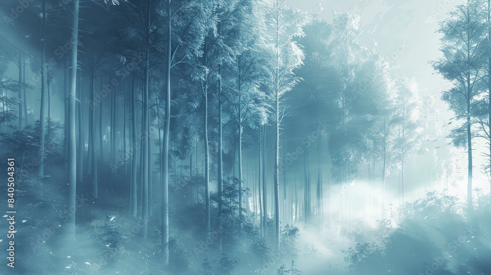 Obraz premium Ethereal Misty Forest - Tranquil Minimalist Artwork of a Mythical Realm