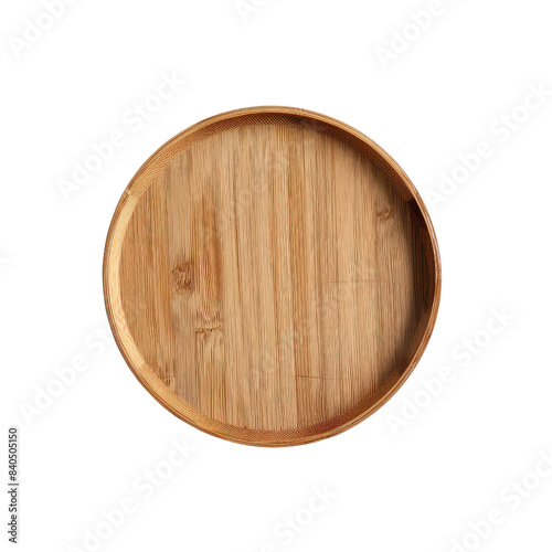 Round wooden plate or tray made of bamboo. Kitchenware. Top view. isolated on transparent background photo