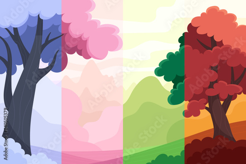Beautiful all seasons landscape in cartoon flat style. Mountains, fields and hills top view
