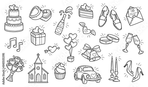 Collection of wedding items. Simple linear hand drawn doodle illustrations