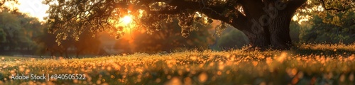 Serene Sunset in a Field of Flowers with a Large Tree Silhouette