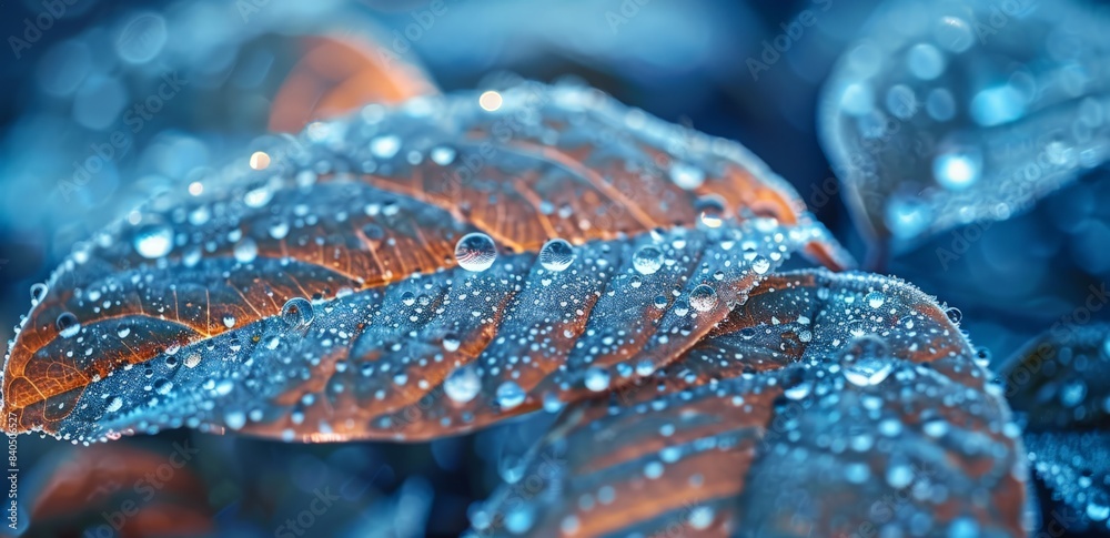 Naklejka premium Vivid Autumn Leaves with Drops of Rain in a Blurred Blue Background, Close-up Photography with Waterfall Effects