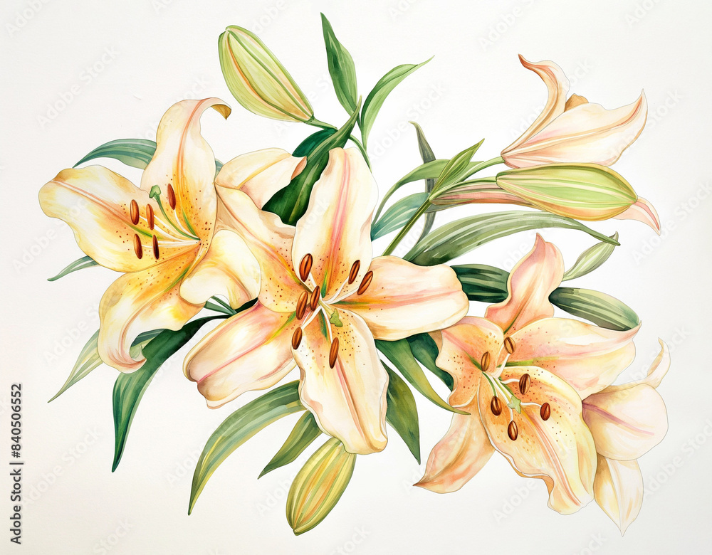 Watercolor Luxurious open lilies with buds and half-opened flowers and several leaves Watercolor Luxurious open lilies with buds and half-opened flowers and several leaves