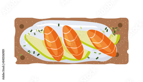 Rye crispbread with fish isolated on white, top view. Crispbread with cream cheese, avocado slices and salmon. Fiber, fitness and diet food. Healthy snack Design for menu cafe, cooking class, recipe