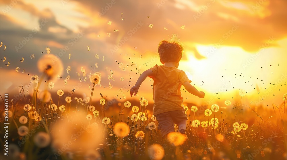 Child running through a field of dandelions, with seeds floating in the air and a vibrant sunset in the background Child running through a field of dandelions, with seeds floating in the air and a vibrant sunset in the background