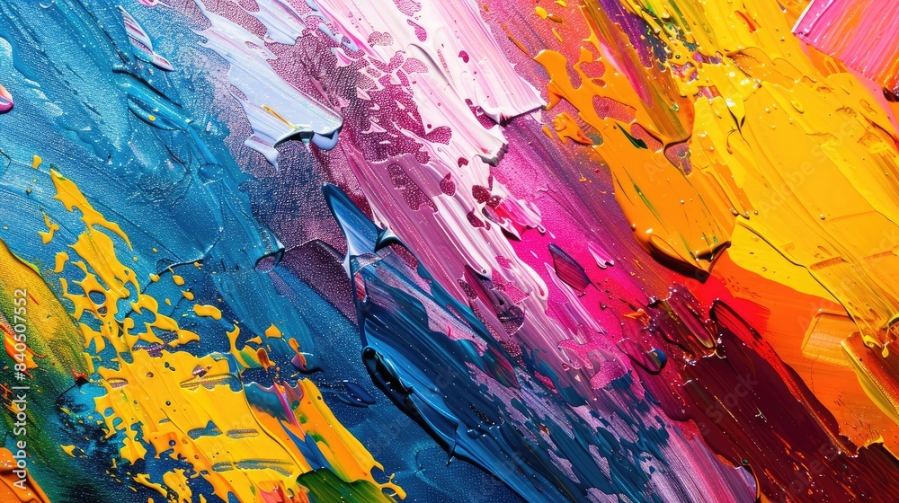 Close-up of a colorful abstract painting with vibrant splashes of paint in various hues, creating a dynamic background