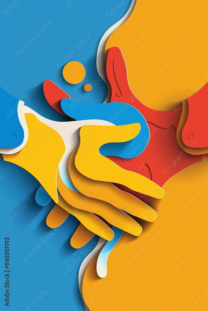 Obraz premium Clean and vibrant vector paper cut illustration of a handshake, with no more than five colors, symbolizing happy friendship for Friendship Day