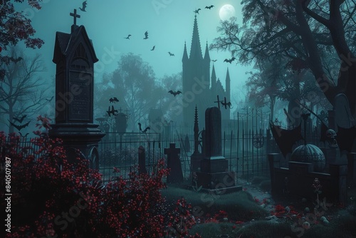 Eerie graveyard scene at night with mist, tombstones, bats, and a spooky church under a full moon.