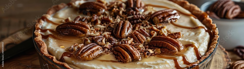 Delicious caramel pecan pie topped with crunchy pecans, drizzled with caramel sauce, perfect for dessert or holiday celebrations. Delicious caramel pecan pie topped with crunchy pecans, drizzled with caramel sauce, perfect for dessert or holiday celebrations.