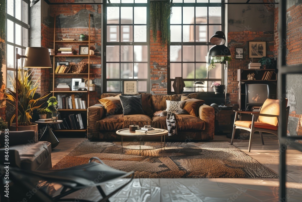 Living room interior in loft, industrial style Living room interior in loft, industrial style