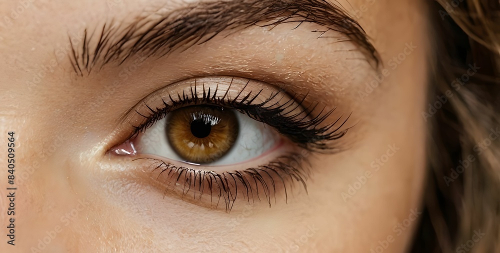 Fototapeta premium Extreme close-up woman's very beautiful female fascinating eyes looking at the camera, dark-colored brown eyes, gorgeous eye makeup look