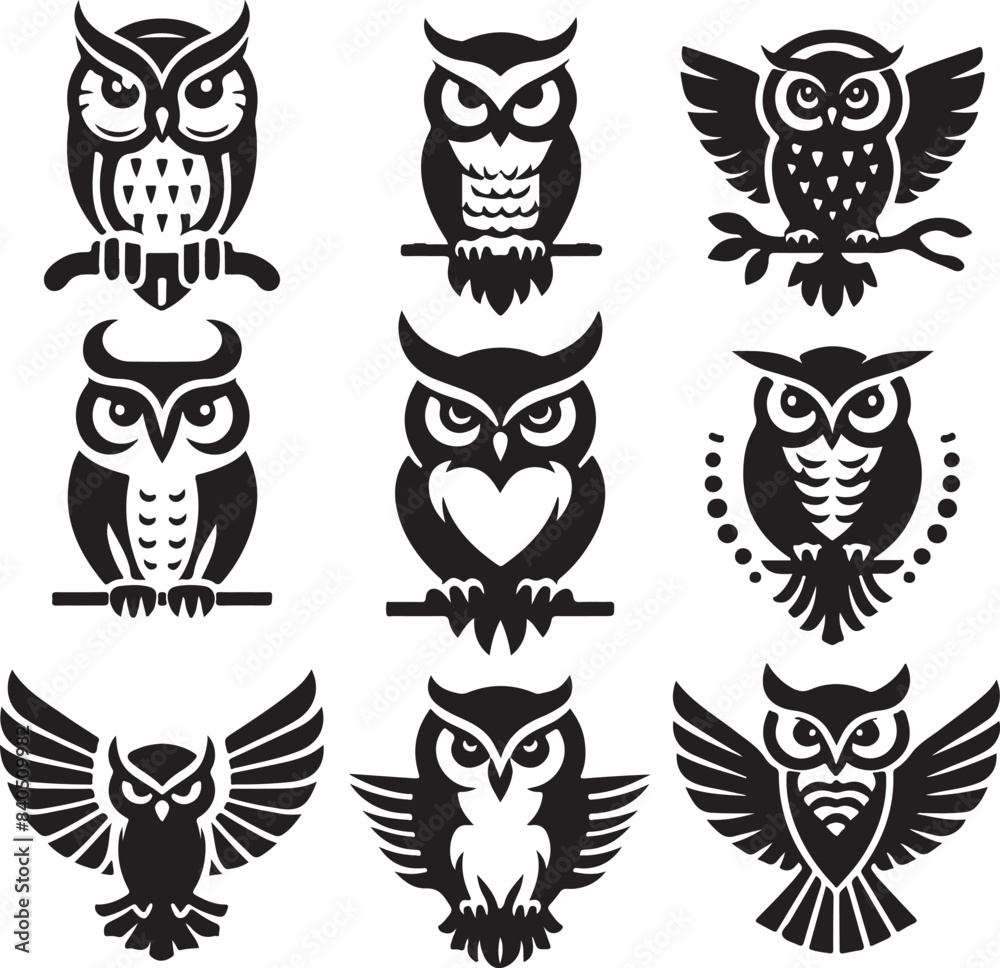 set of owls  silhouettes  vector illustration  