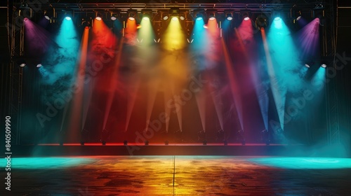Concert stage illuminated by multiple spotlights in various colors, ready for a live performance