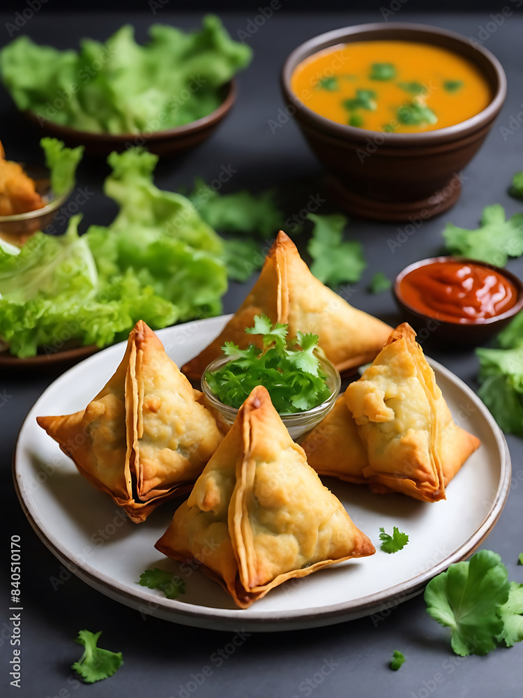 deep fried samosas on a plate with lettuce leaves