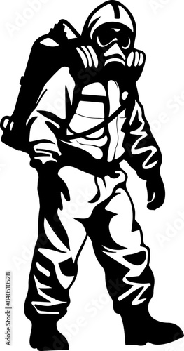 Silhouette of Protective Gear Suit and Gas Mask with Backpacks