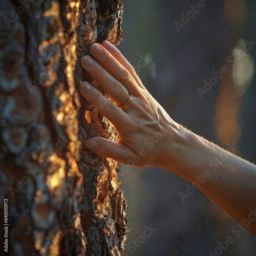 Hand reaching out to touch a tree in a forest, fingers against bark during sunset photo