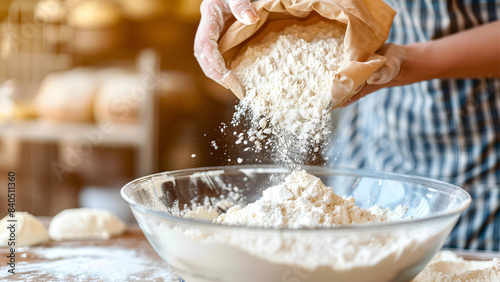 Bakery chef's hands pour the flour from the brown flour paper bag into a large, clear mixing bowl photo