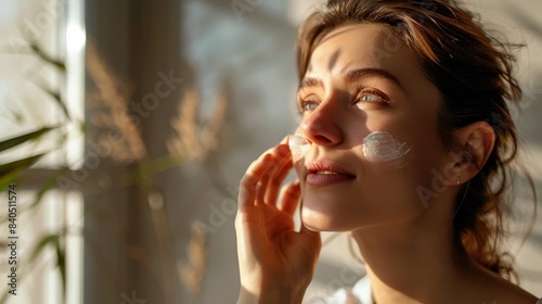 Young woman applying skincare cream in the morning sunlight, enjoying a self-care routine for healthy and glowing skin.