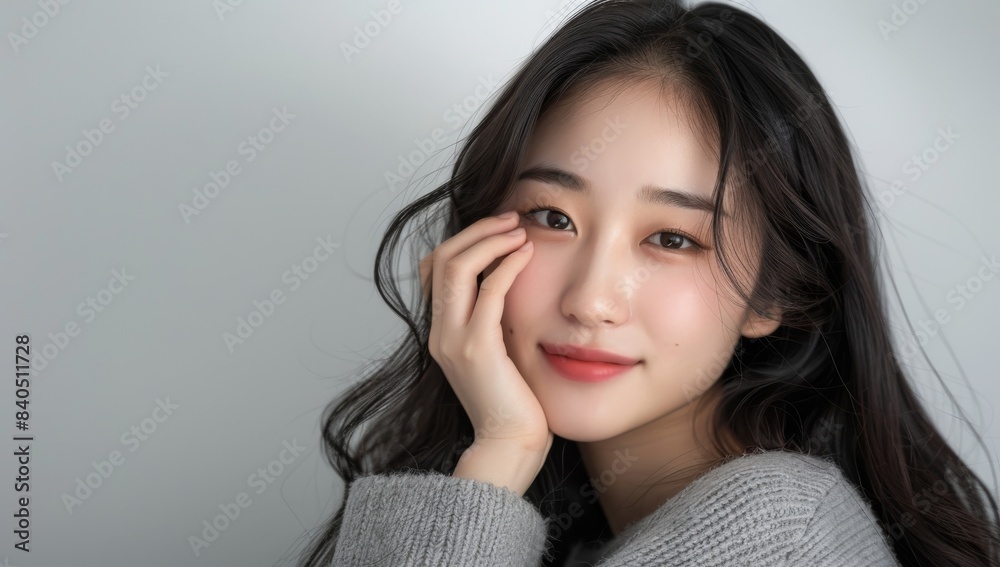 Chinese beauty, beautiful skin care model with long hair, posing for a photoshoot, gently touching her face and smiling at the camera on a white background Chinese beauty, beautiful skin care model with long hair, posing for a photoshoot, gently touching her face and smiling at the camera on a white background