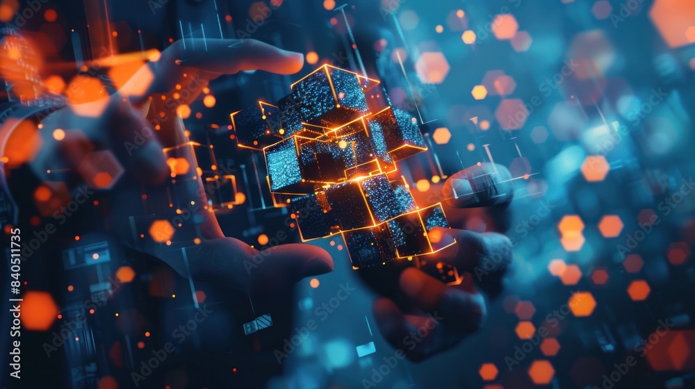 © Oulaphone - Businessman building and connecting blocks to build a structure in the style of digital space with technology, representing growth through business development concept. Business technology concept.