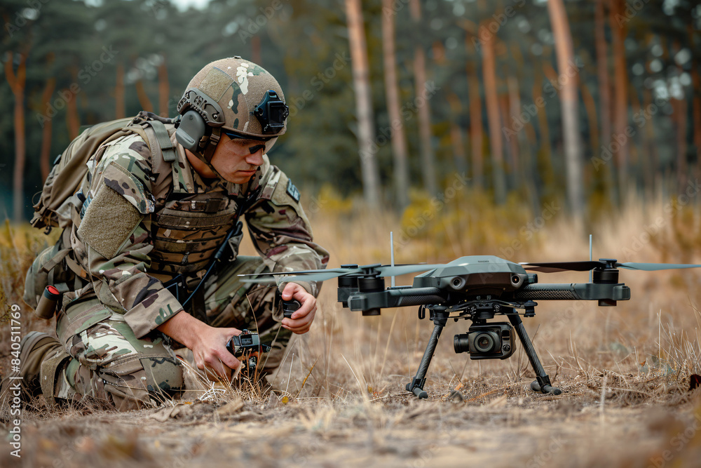 soldier in military clothes in forest using modern big drone soldier in military clothes in forest using modern big drone