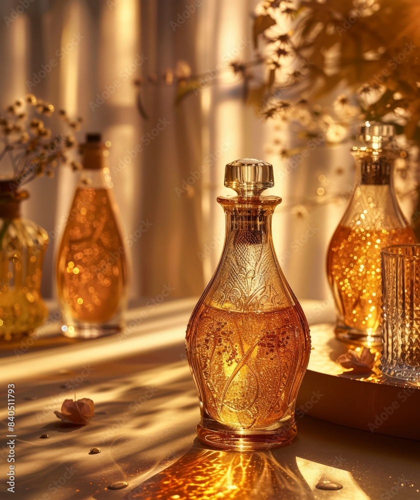 Ambient Golden Hour Lighting Bottles on a Table with Sunset Background Ambient Golden Hour Lighting Bottles on a Table with Sunset Background