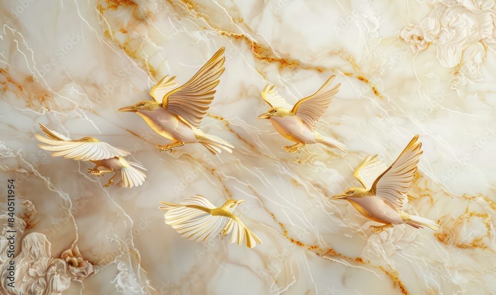 Fototapeta premium 3d golden birds flying on marble background with golden rosses wallpaper