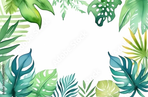 Blank white watercolor background with tropical leaf border with empty space in the center  copy space