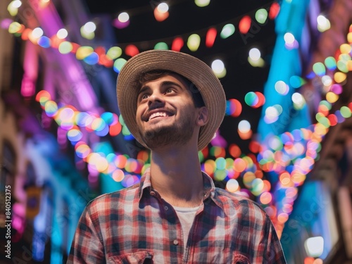 Portrait  smiling Brazilian young man in a plaid shirt and straw hat on the background of a festive celebration party Festa Junina. Summer, night, street city,  Garland. Traditional holiday concept.