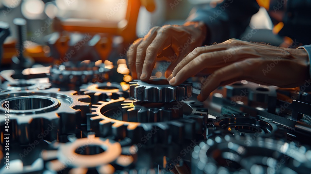 Closeup of businessman putting gears on a table in office, elements of smart strategic planning, flexible management practices, and adaptability in a corporate setting. Closeup of businessman putting gears on a table in office, elements of smart strategic planning, flexible management practices, and adaptability in a corporate setting.