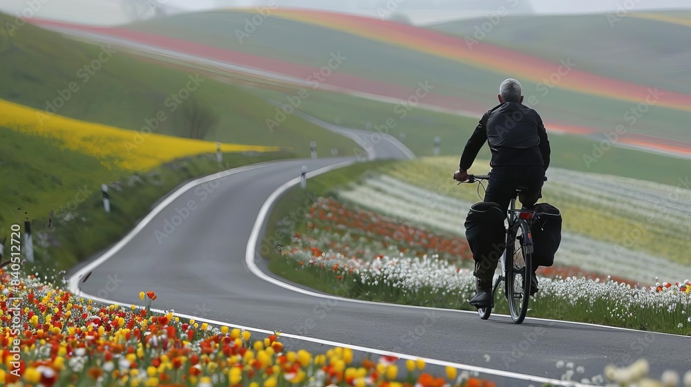 Obraz premium A man riding a bicycle on a road surrounded by fields of blooming flowers, representing a fresh start and new opportunities