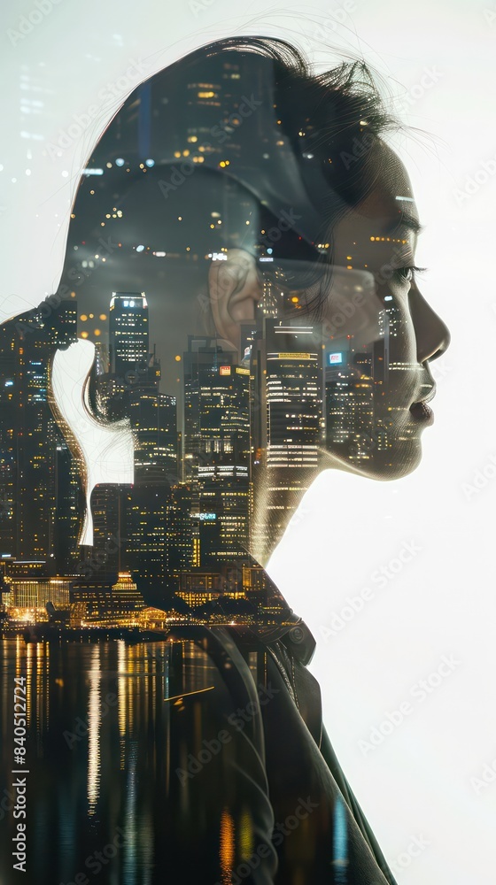 Businesswoman and cityscape blend in captivating double exposure Businesswoman and cityscape blend in captivating double exposure