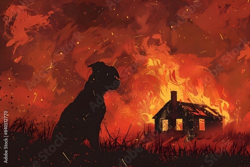 A graphic illustration of a pet silhouetted against a burning house, with a tagline Dont wait for a fire Prepare for it today photo