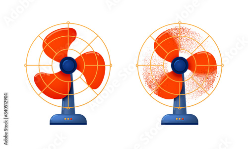 Electric table fans turned off and running with the breeze isolated on a white background. Vector illustration.