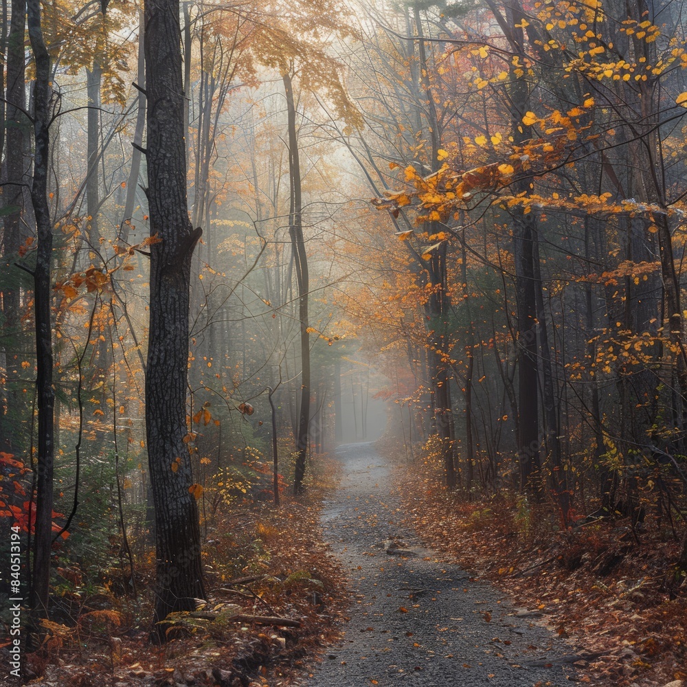 Autumn Woodland Path in Fog: Peaceful Hiking Trail Autumn Woodland Path in Fog: Peaceful Hiking Trail