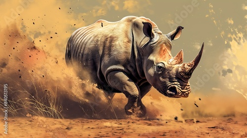 A rhino charges through the dusty desert landscape, showcasing its power and speed.