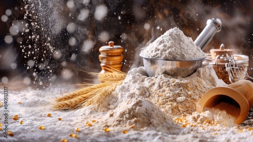 Flour pile with wheat ears and a sifter, surrounded by baking tools and ingredients, creating a scene of culinary preparation