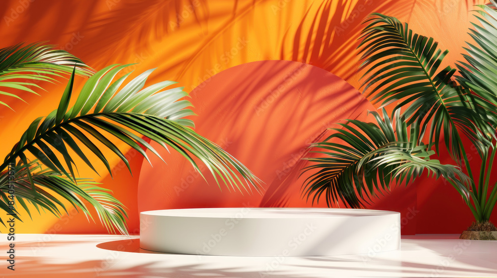 Minimal geometric forms. Glossy white podium with palm leaves. Background product presentation. Modern abstract tropical display showcase blank stage, cosmetic. empty pedestal template advertisement. Minimal geometric forms. Glossy white podium with palm leaves. Background product presentation. Modern abstract tropical display showcase blank stage, cosmetic. empty pedestal template advertisement.