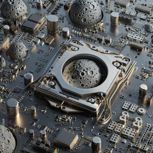 Graphic of Conceptual art of scientific breakthroughs on a lunarthemed electronic mainboard photo