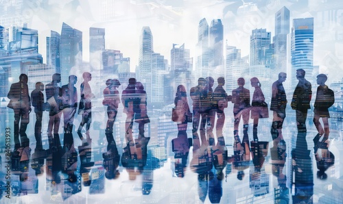 Double exposure image of many business people conference group meeting on city office building in background showing partnership success of business deal. Concept of teamwork