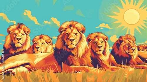 A group of majestic lions rests under a vibrant blue sky with the sun shining brightly.